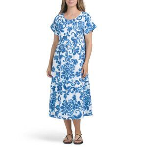 LA PICCOLA CREATIVA Italy Linen Blend Short Sleeve Floral Midi Dress
